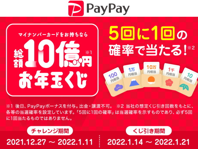 PayPayが1/11までに「参加条件」を達成で「総額10億円お年玉くじ」を開催♪